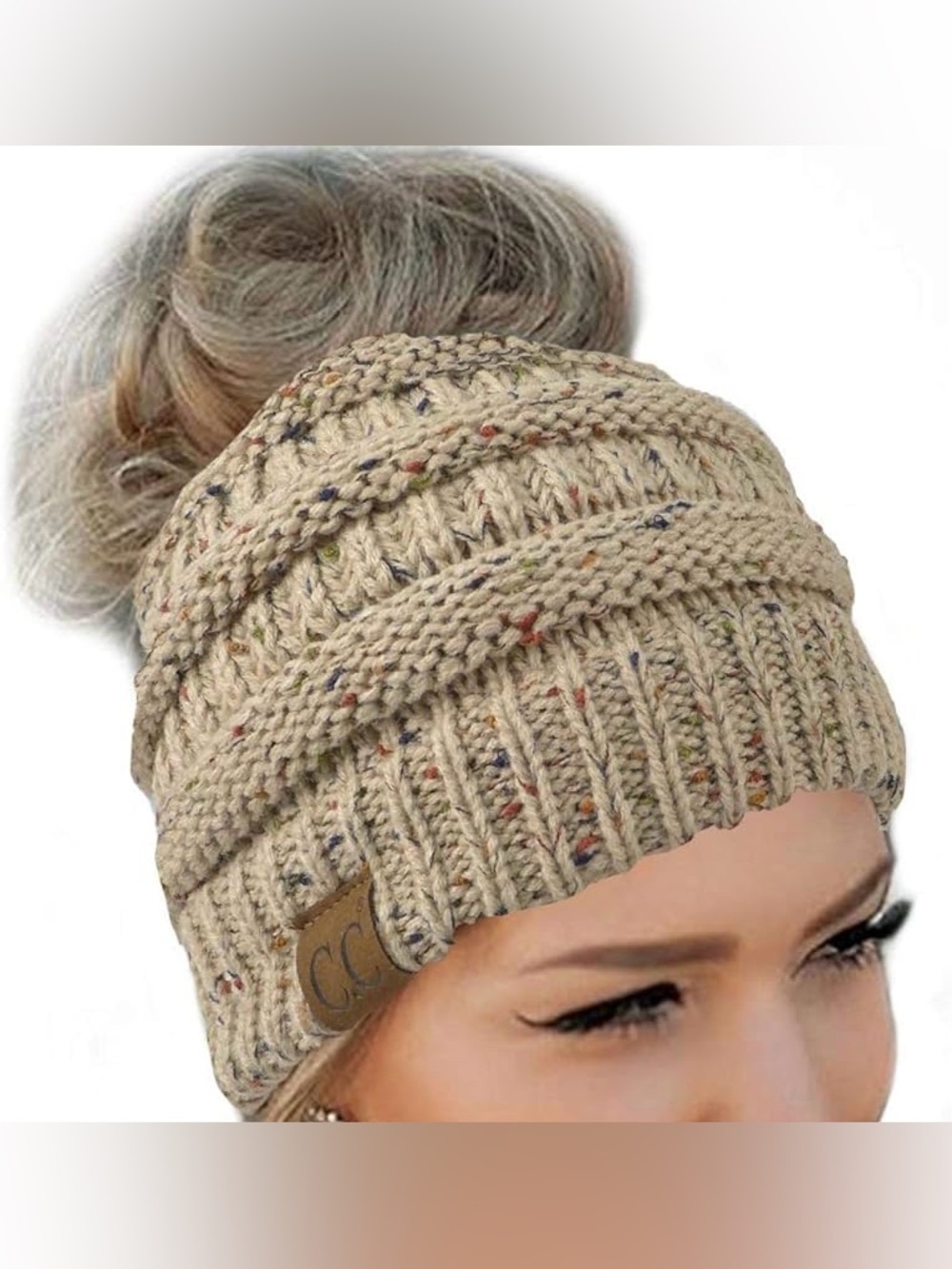 C.C Messy Bun Beanie Tail Chunky Knit Stretch Confetti Ponytail Beanie